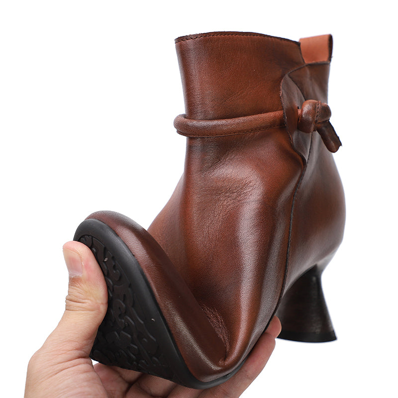 Handmade Soft Leather Kitty Heel Ankle Boots For Women Retro Round Toe Side Zipper in Coffee/Black