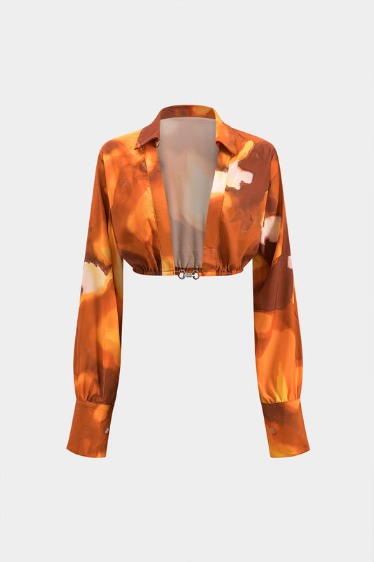 Watercolor Print Ruched Long-Sleeve Shirt