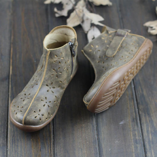 Women Ankle Boots Leather Handmade Hollow Mori Girl Shoes Flats Grey