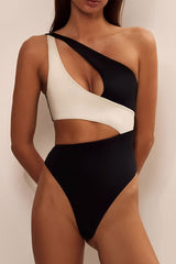 Asymmetrical Black and White Cutout One Shoulder One Piece Swimsuit