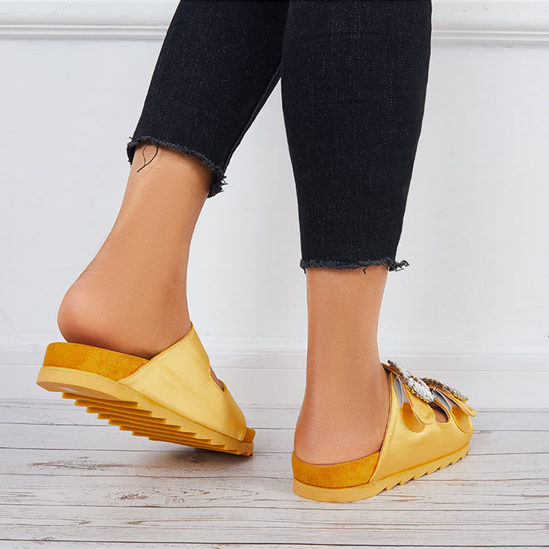 Rhinestone Velcro Platform Slides Slip on Flat Sandals Slippers