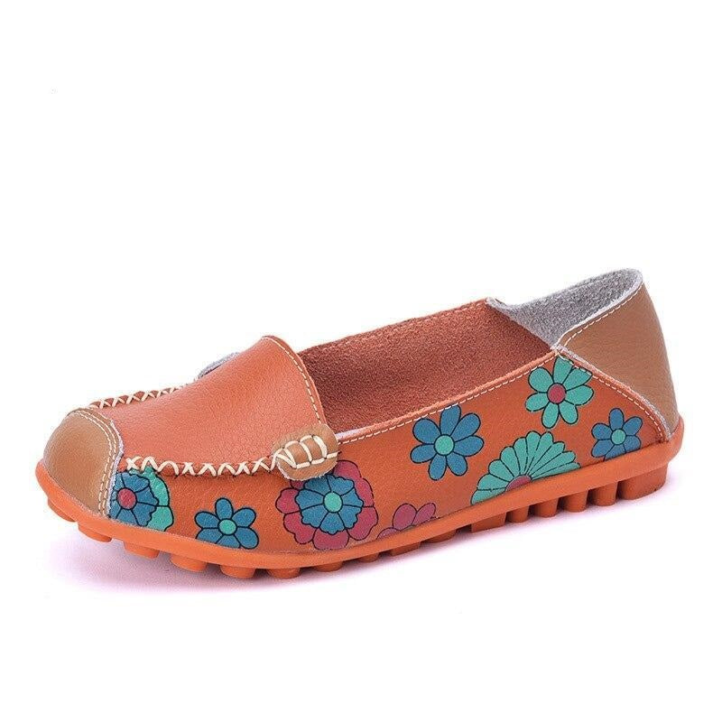 Fashion Ballet Summer Flower Print Shoes Genuine Leathe Loafers Ladies Flats Shoes