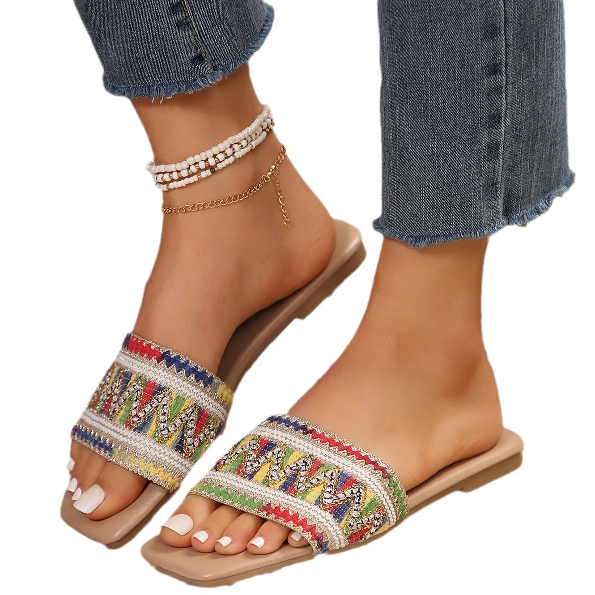 Women's Plus Size Summer Rhinestone Flat Square Sandals
