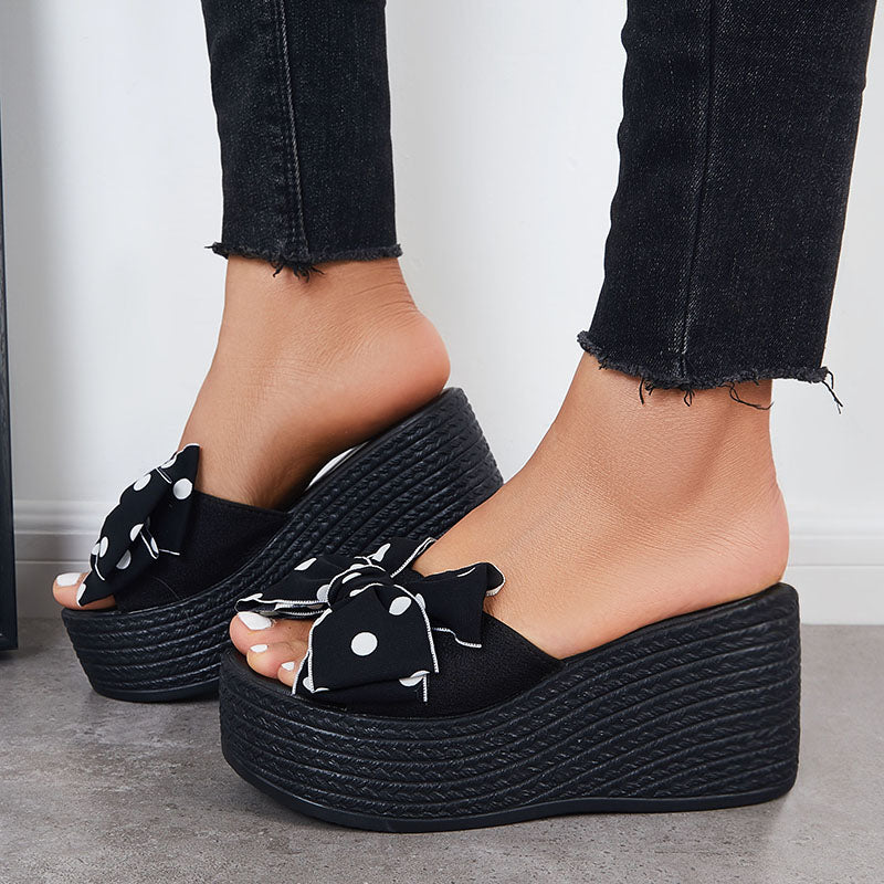 Black Bowknot Platform Wedges Slide Sandals Slip on Beach Slippers