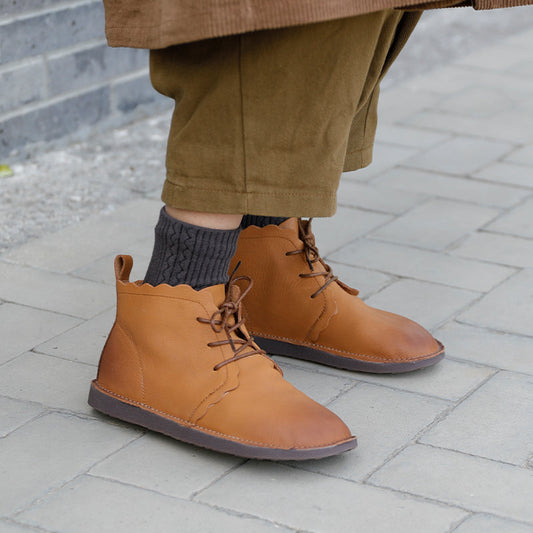 Women's Leather Booties Round Toe Lace-Up Flat Ankle Boots Handmade in Brown/Coffee
