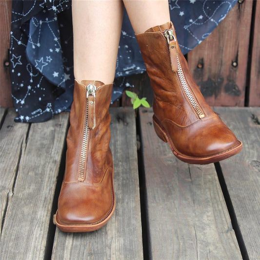 Handmade Leather Ankle Boots Comfortable Walking Round Boots Brown/Black/Red/Beige/Grey