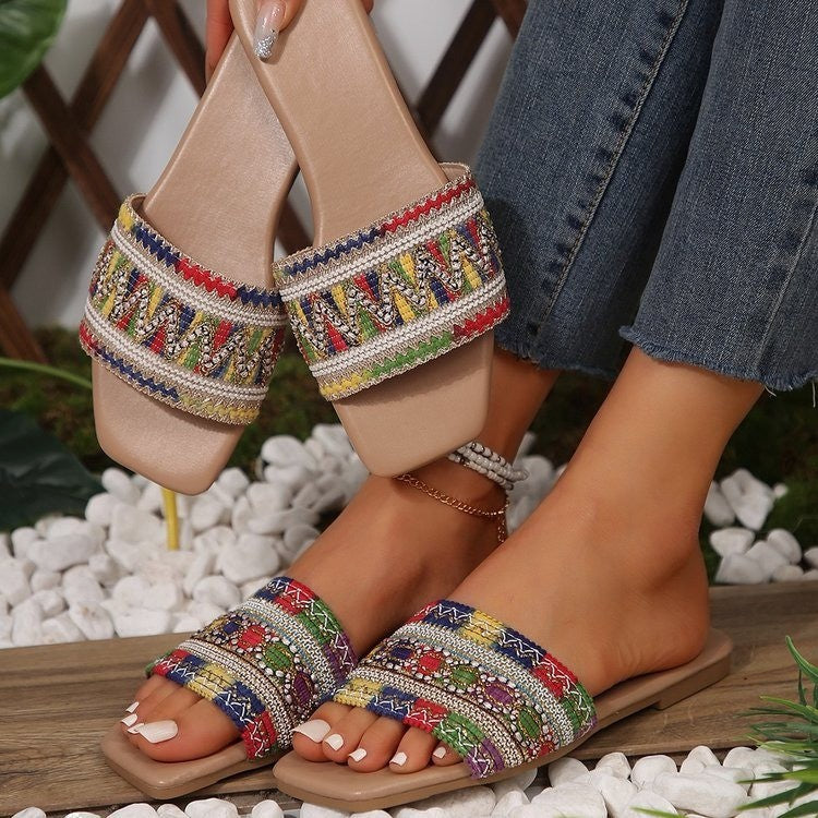 Women's Plus Size Summer Rhinestone Flat Square Sandals