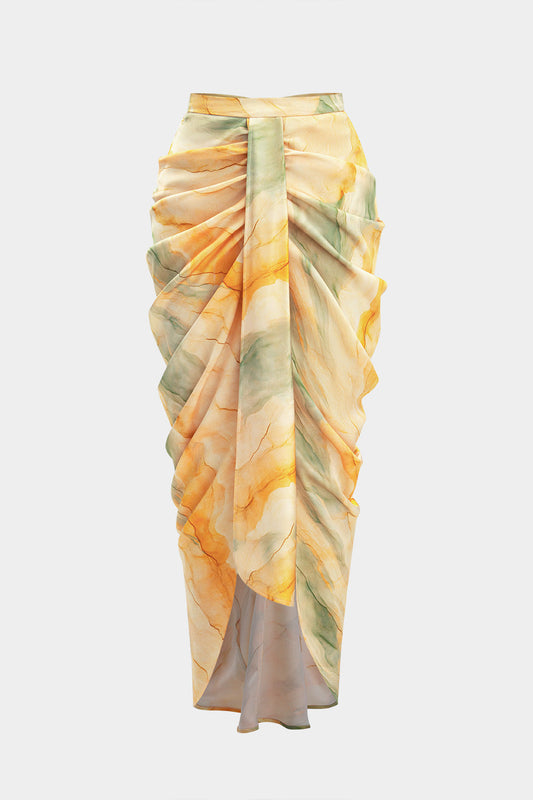 Tie Dye Print Satin High Slit Ruched Skirt