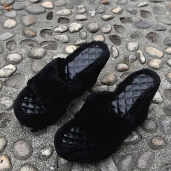 Chic Fur Platform Wedge Slippers
