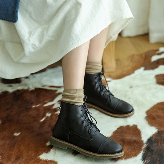 Retro Leather Women'S Boots Handmade Lace-Up Round Toe Flat Ankle Booties Black/Grey