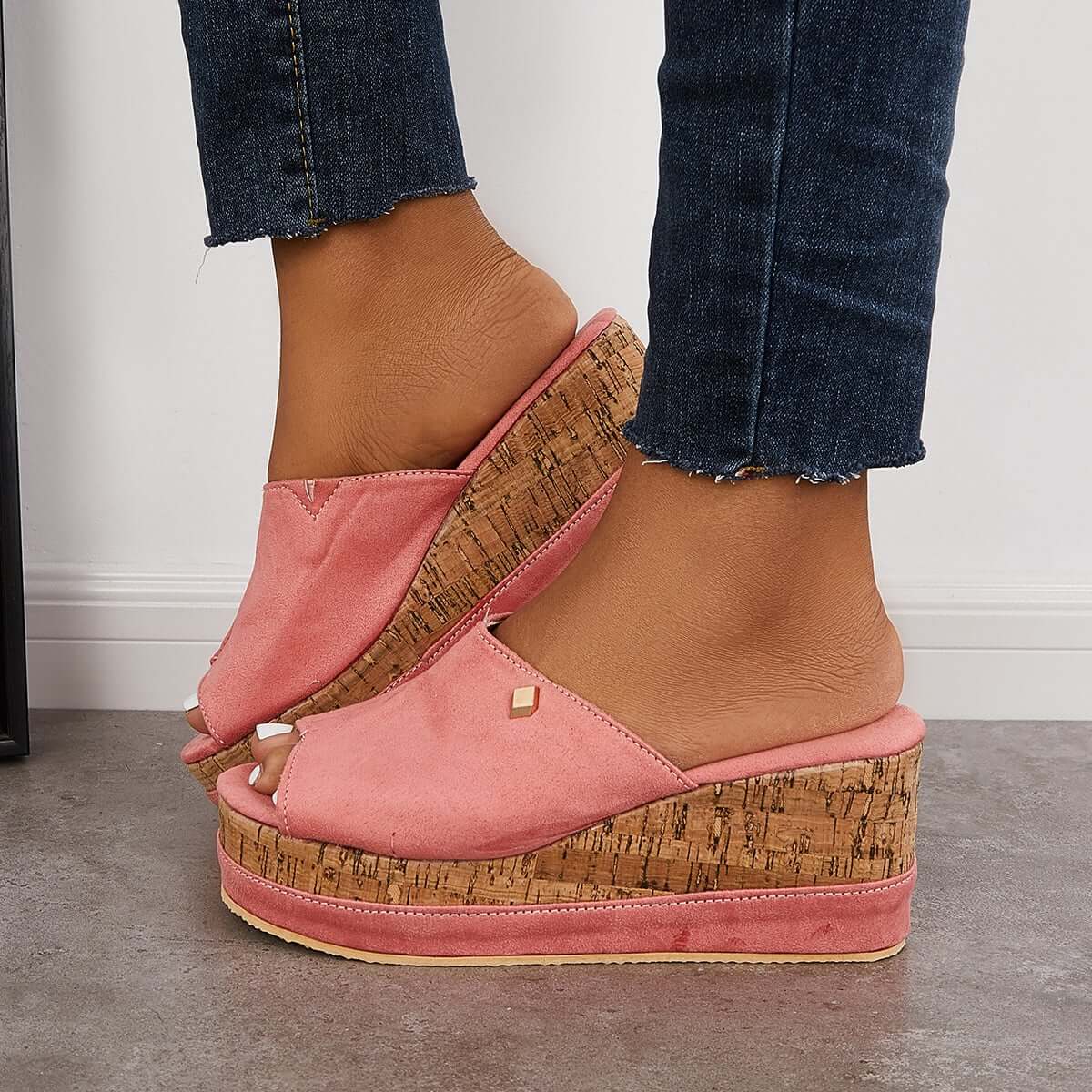 Comfortable Cork Footbed Slip-on Sandals Platform Wedge Slippers
