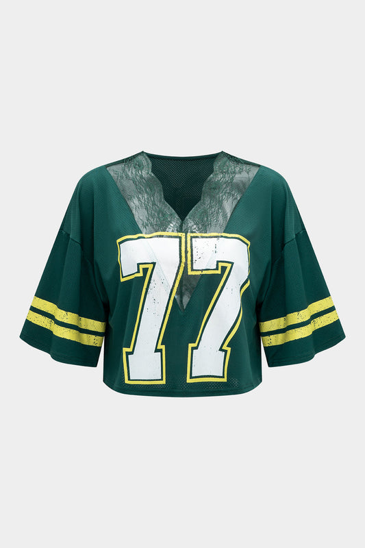 Stripe Letter Print Lace Trim Patchwork Short Sleeve T-Shirt