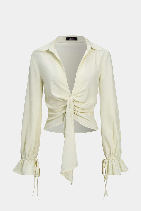 Tie Front Ruched Drawstring Long-Sleeve Shirt