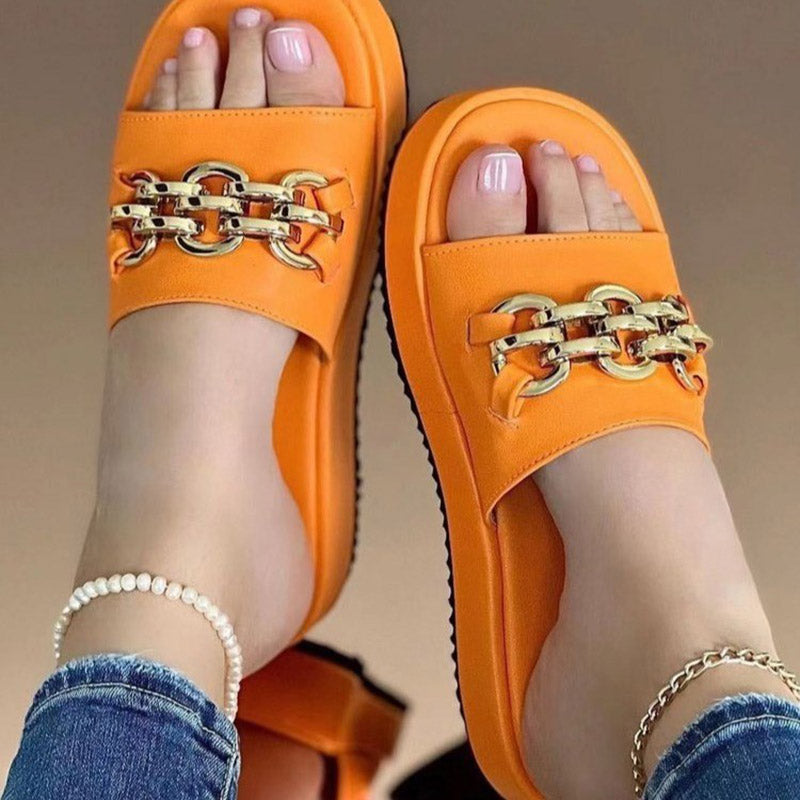 Casual Open Toe Flatform Slippers Chain Decor Platform Slide Sandals