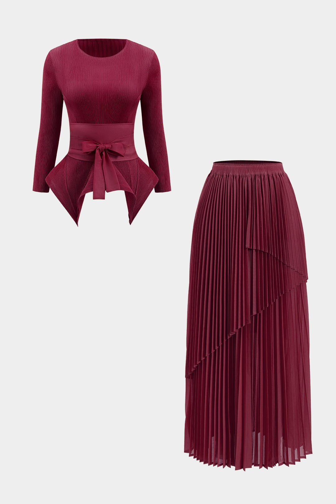 Tie Front Long Sleeve Top And Pleated Skirt Set