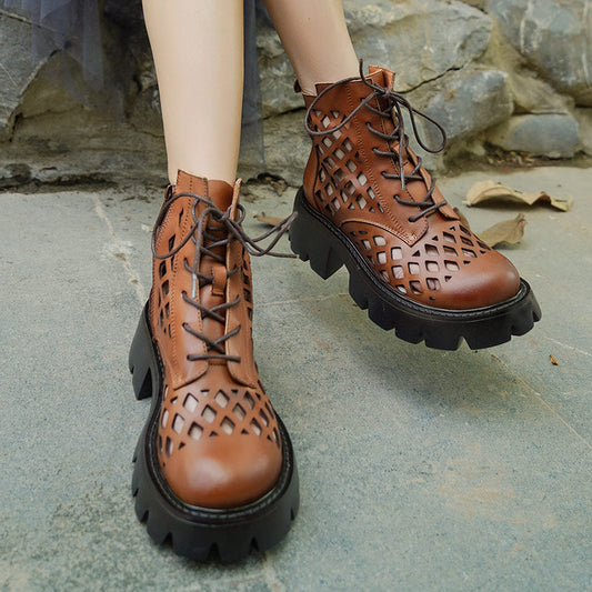 Handmade Genuine Leather Hollow Out Boots Women Summer Boots Side Zipper Chunky Heels Black/Brown