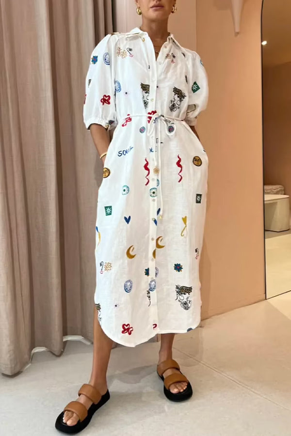 STATEMENT PRINT PUFF SLEEVE SIDE POCKET TIE MIDI DRESS