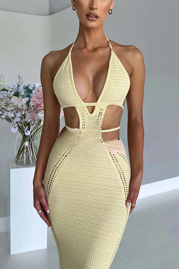 Effortlessly Cool and Sexy Knit Crochet Cutout Halter Tie-up Stretch Maxi Dress