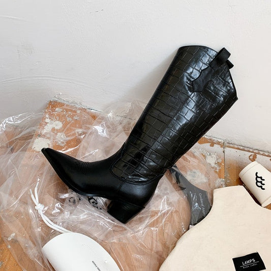 Western R Toe Boots Cowboy Boots Roper Cowgirl Boots Handmade Genuine Leather in Black/Brown - HIGH WESTERN BOOTS