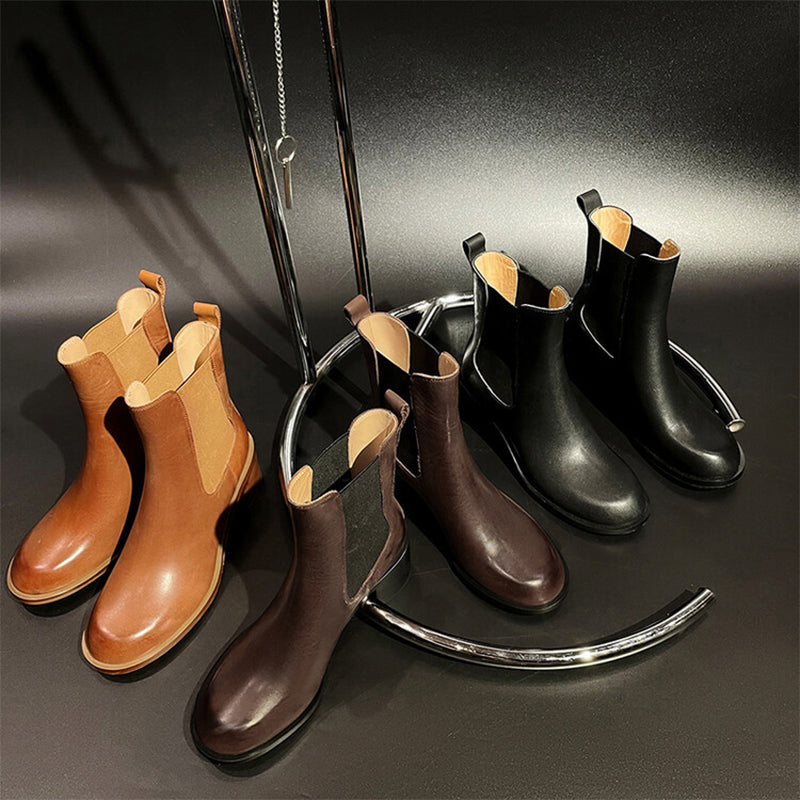 60mm Block Heel British Style Leather Chelsea Boots Handmade in Black/Brown/Coffee