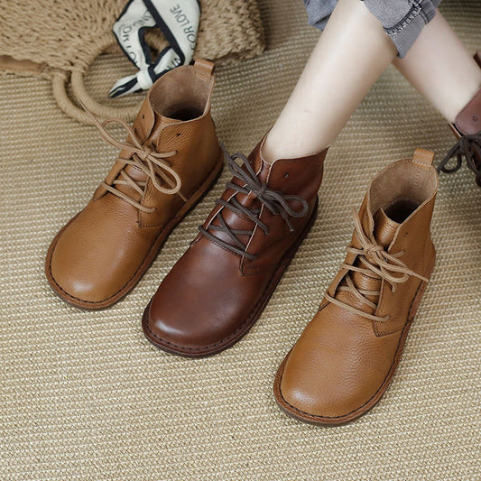 Women's Leather Booties Round Toe Lace-Up Flat Ankle Boots Handmade in Brown/Coffee