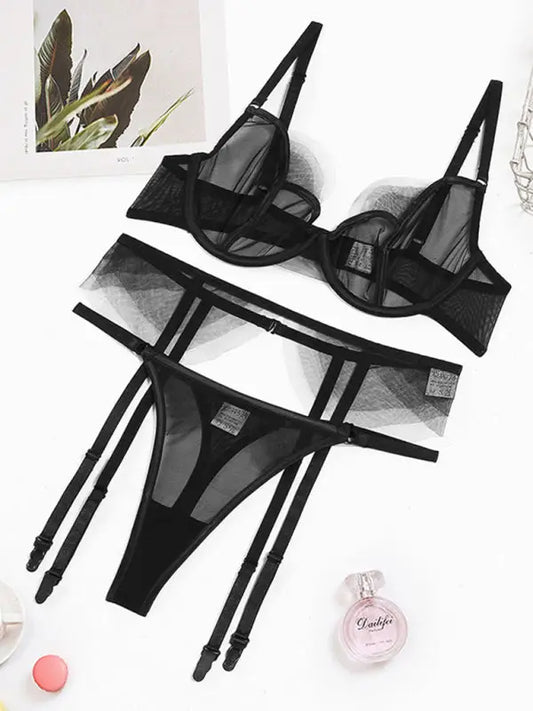 Ballerina Tulle 3-Piece Garter Lingerie Set