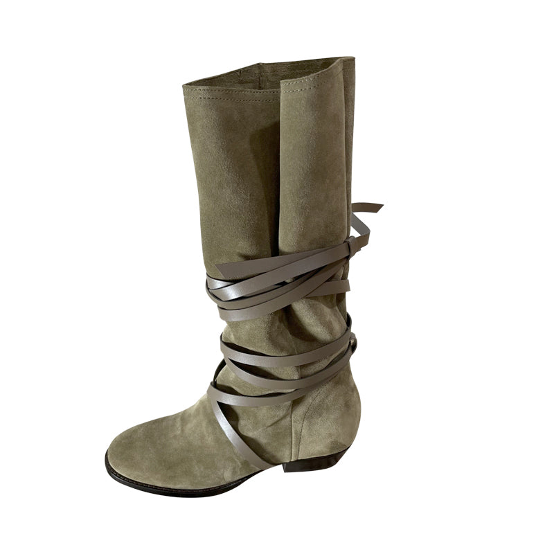 Womens Leather Mid Calf Western Boots In Khaki - Slouchy Suede Boots Round Toe