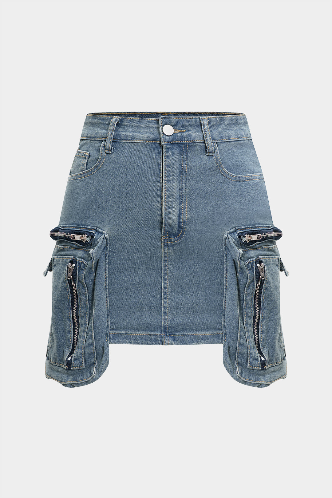 Washed Denim Zipper Tube Top And Pocket Skirt Set