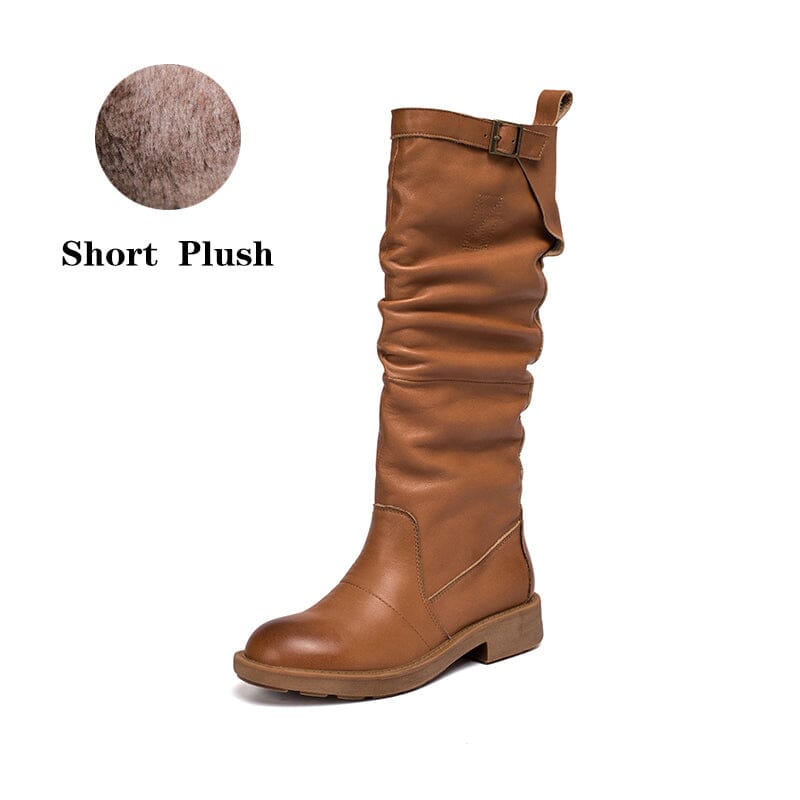 Waxing Leather Knee High Boots Fold Design Riding Boots Buckle Boots in Black/Brown