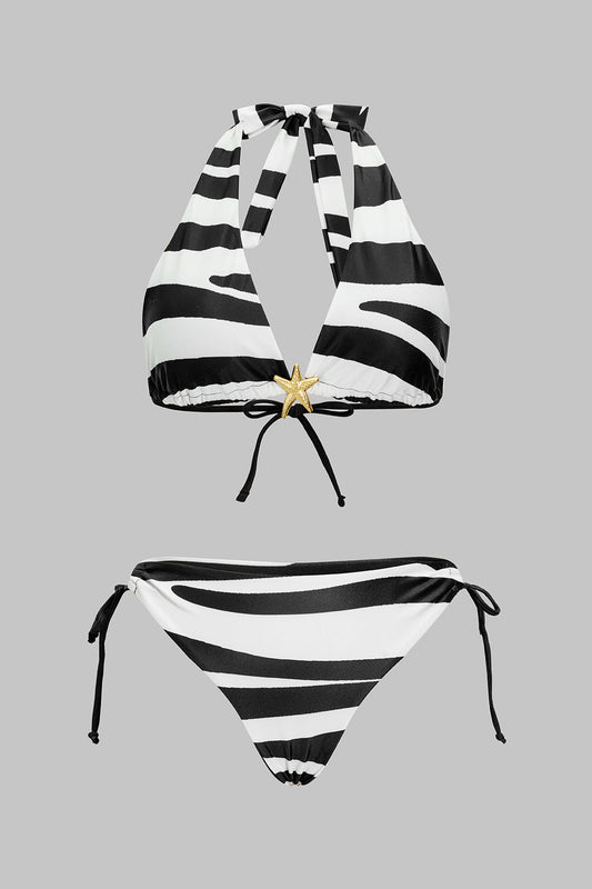 Stripes Print Metallic Decor Tie-Up Bikini Set