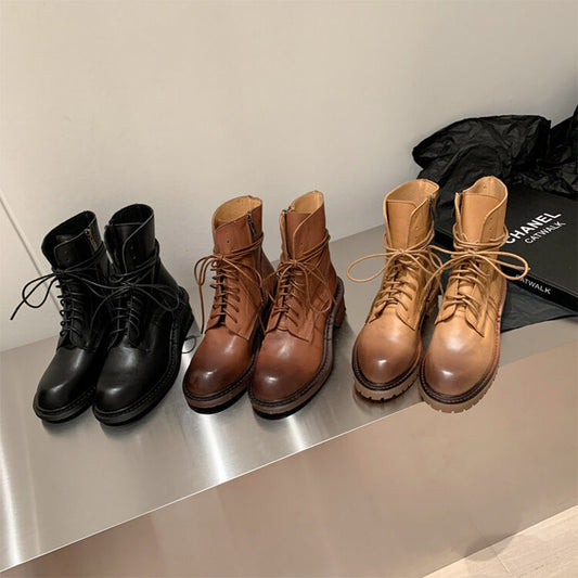 Cow Leather Combat Boots Designer Retro Chunky Lace up Boots Back Zip Brown/Black
