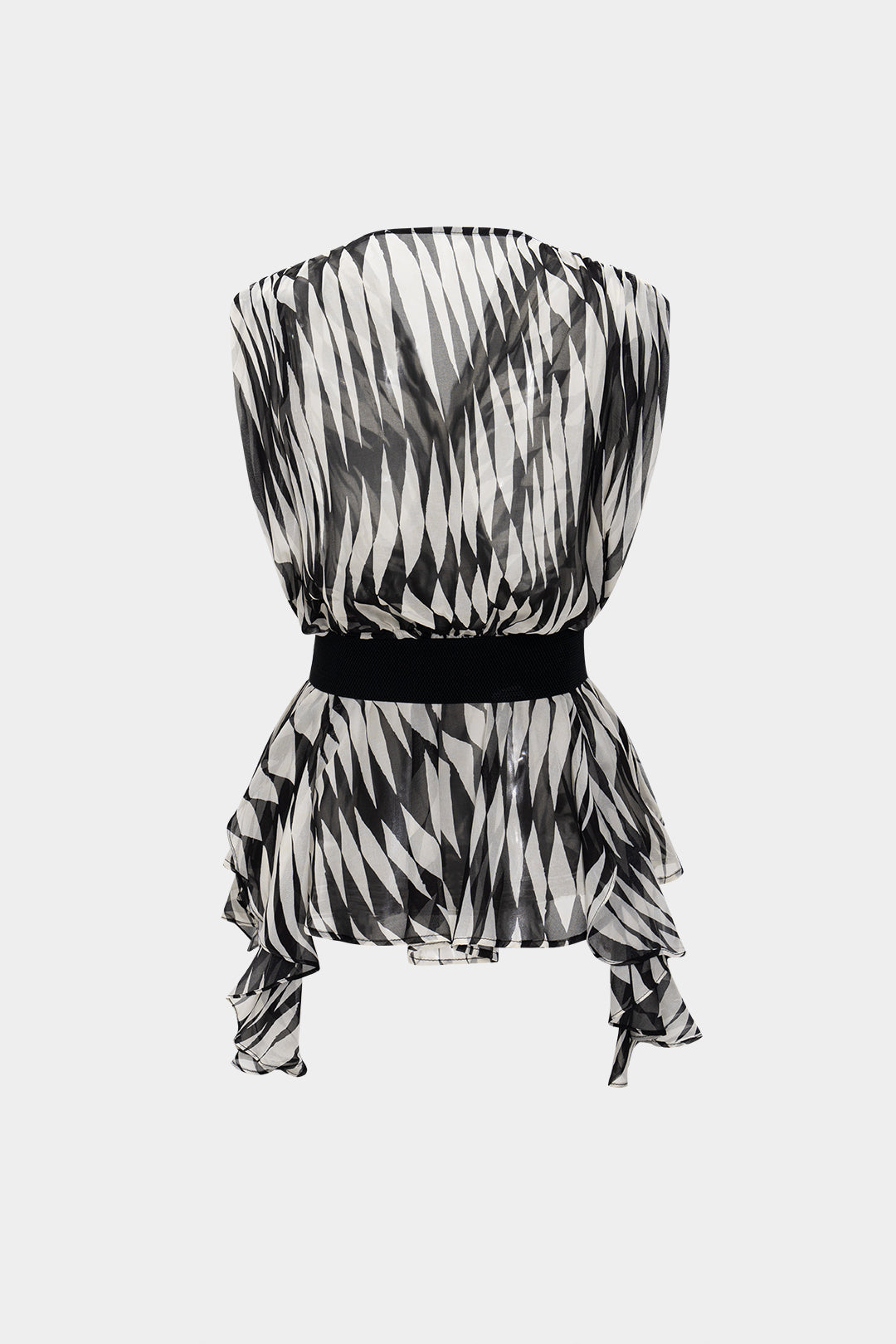 Zebra Stripe Print V-Neck Belted Short-Sleeve Shirt