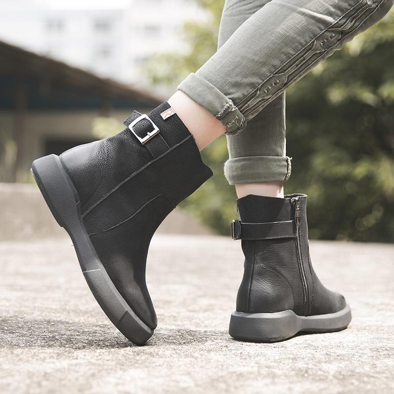 Waxing Leather Ankle Boots Back Buckle Decorate Black/Coffee