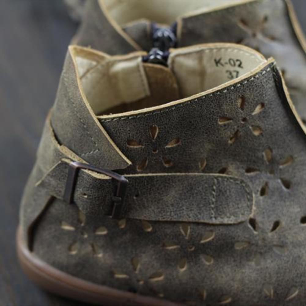 Women Ankle Boots Leather Handmade Hollow Mori Girl Shoes Flats Grey