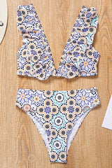 Boho Print Ruffle V Neck Bikini Swimsuit - Two Piece Set