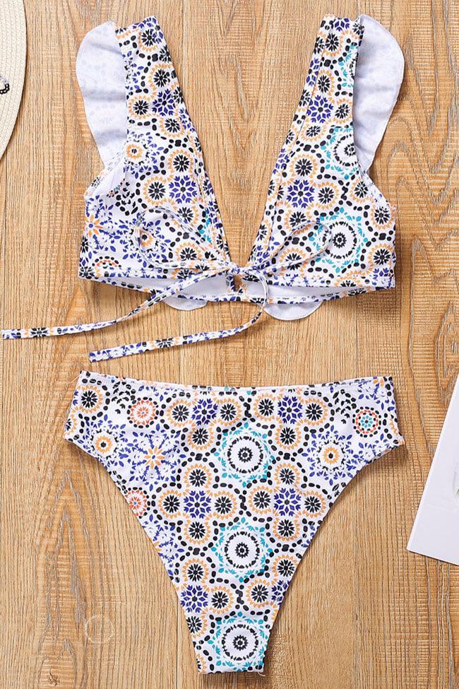 Boho Print Ruffle V Neck Bikini Swimsuit - Two Piece Set