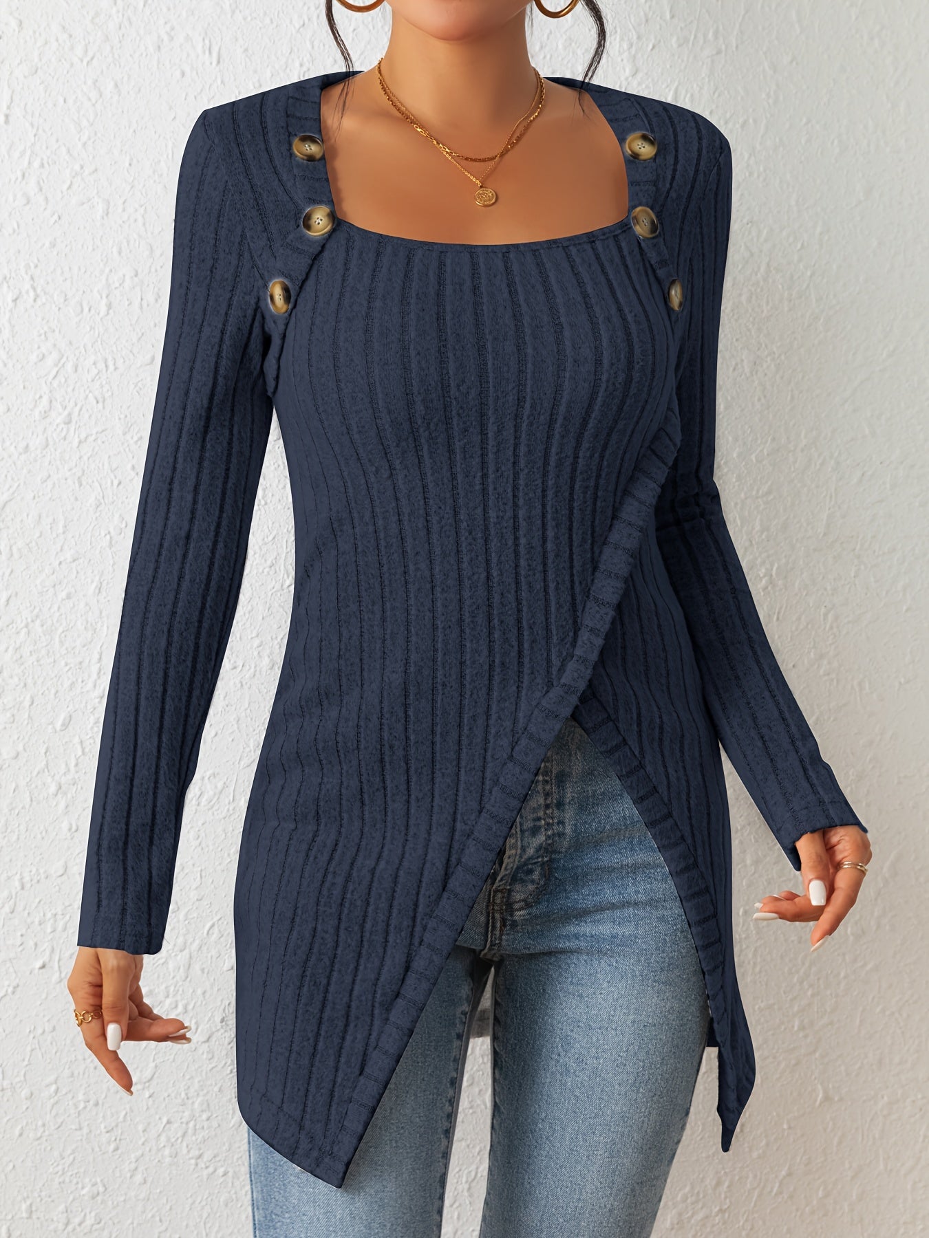 Ribbed Button Decor Asymmetrical Hem T-Shirt