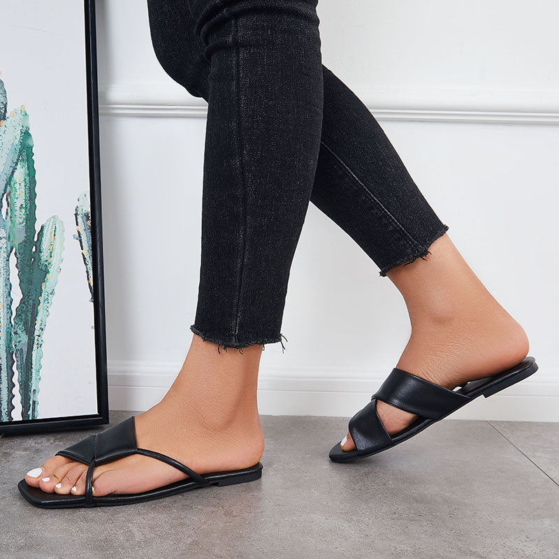 Criss Cross Slide Sandals Casual Square Toe Flat Slippers