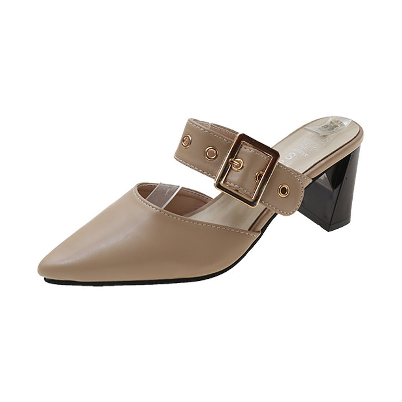 Women's Cap Semi High Chunky Pointed Belt Sandals