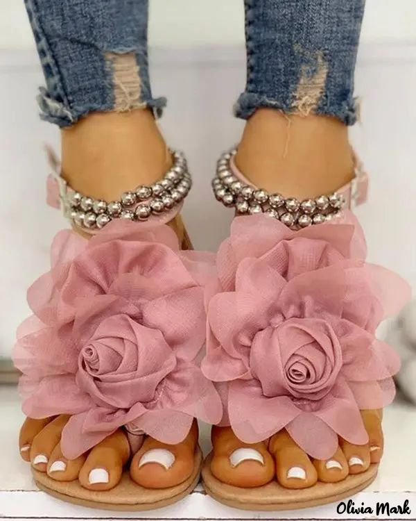 Mesh Flower Embellished Beaded Flat Sandals