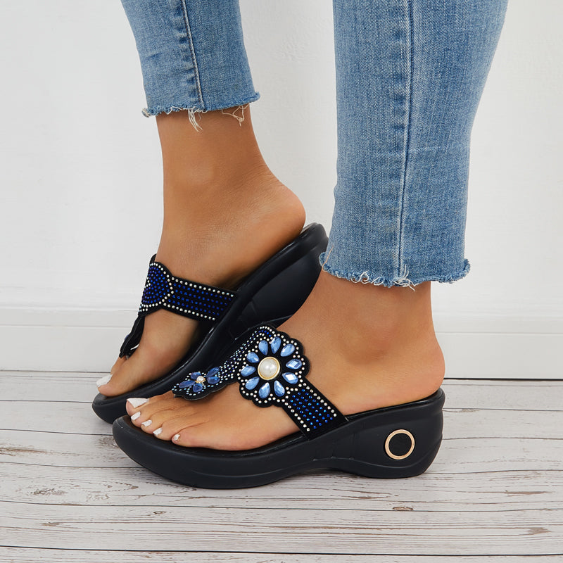 Rhinestone Flip Flop Platform Wedge Slippers Slide Sandals
