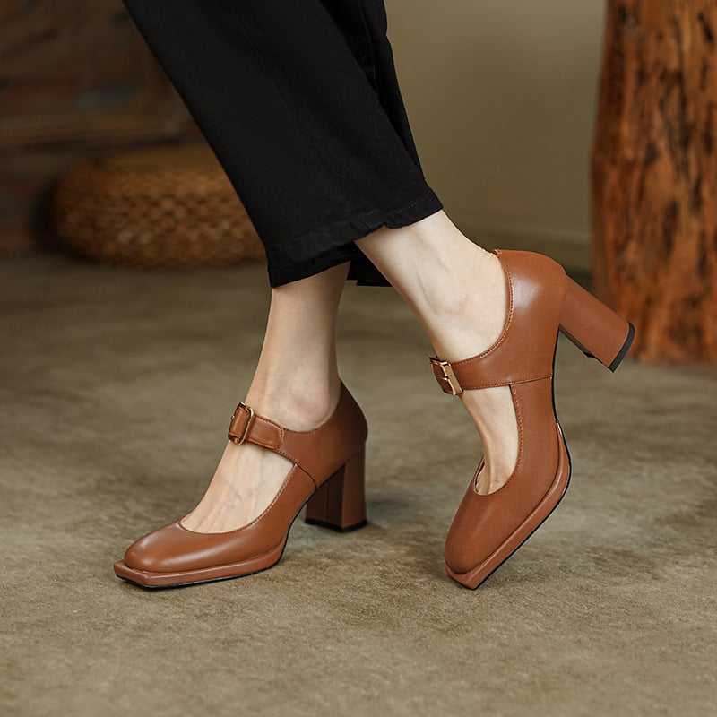 Escarne Buckled Strap Block Heels Mary-Jane Pumps