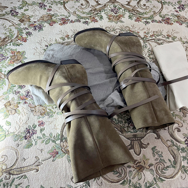 Womens Leather Mid Calf Western Boots In Khaki - Slouchy Suede Boots Round Toe
