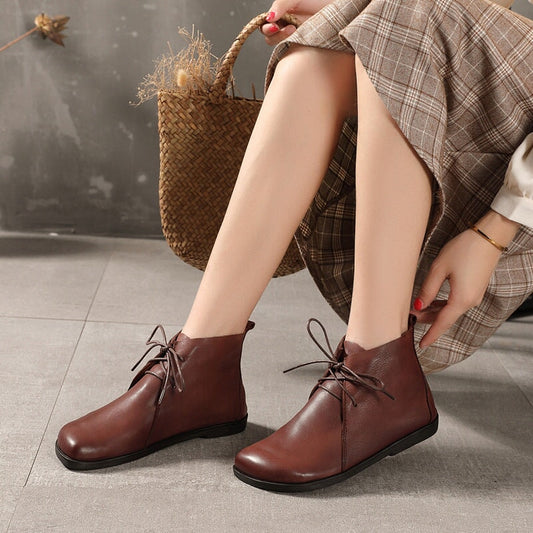 Womens Leather Ankle Boots Soft Bottom Flat Round Toe Derby Boots Brown/Black