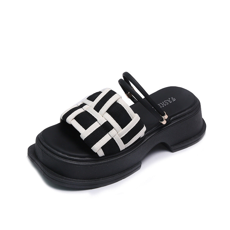 Women's Black White Plaid Outer Wear Summer Sandals