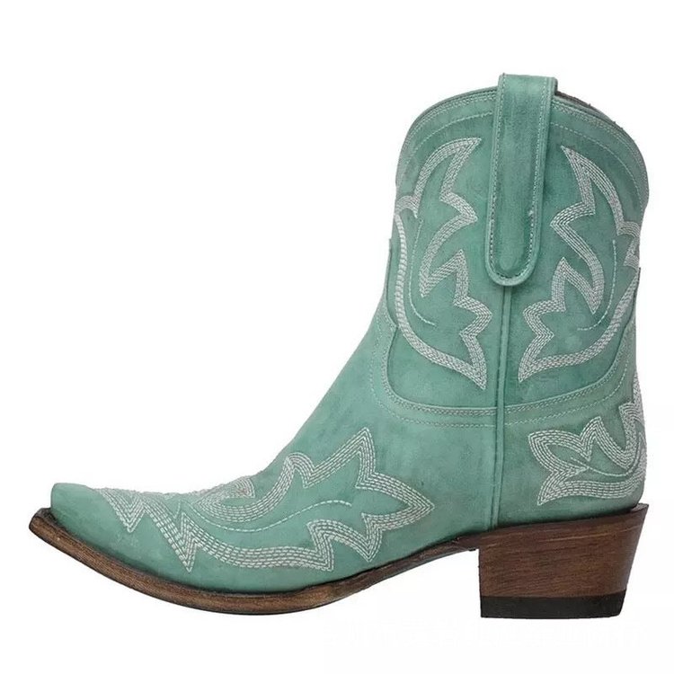 Women's Floral Embroidered Cowboy Boots Chunky Heel Short Pointed Toe Cowgirl Boots