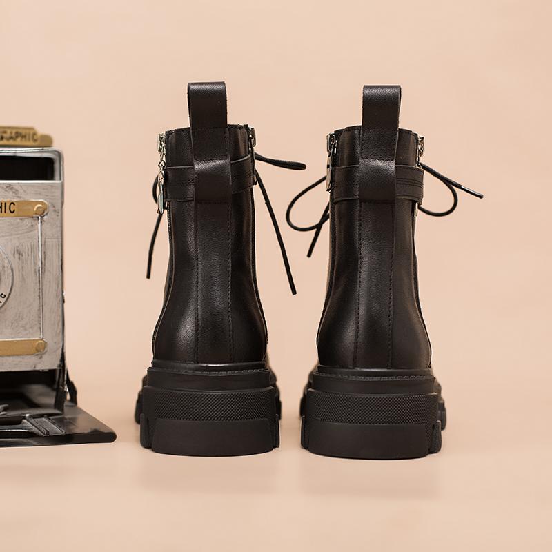 Fashion Cowhide Combat Boots Designer Retro Chunky Riding Boots Side Zip Black Matte / Black Smooth / Black Litchi