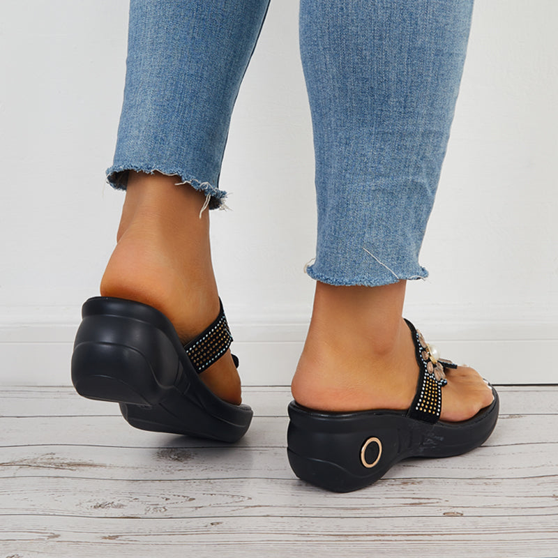 Rhinestone Flip Flop Platform Wedge Slippers Slide Sandals