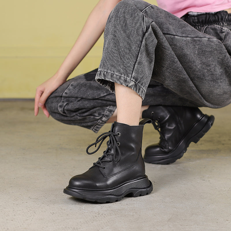 Winter Boots Handmade Genuine Leather Lace-Up Combat Boots Retro Chunky Platform Boots Black/ Coffee