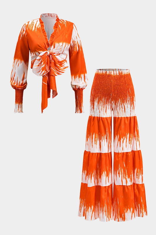 Tropical Pattern Ruffle V-Neck Tie Front Top And Ruched High Waist Wide Leg Pants Set